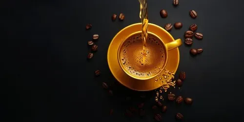 a-stunning-topdown-view-shows-coffee-pouring-into-a-golden-cup-complemented-by-scattered-coffee-beans-on-a-smooth-black-background-this-scene-is-a-visual-delight-for-coffee-lovers-photo.webp